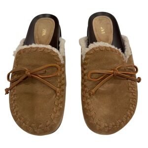 ZARA Shearling Lined Suede Moccasin Mule/Slipper/Clogs Size 8
